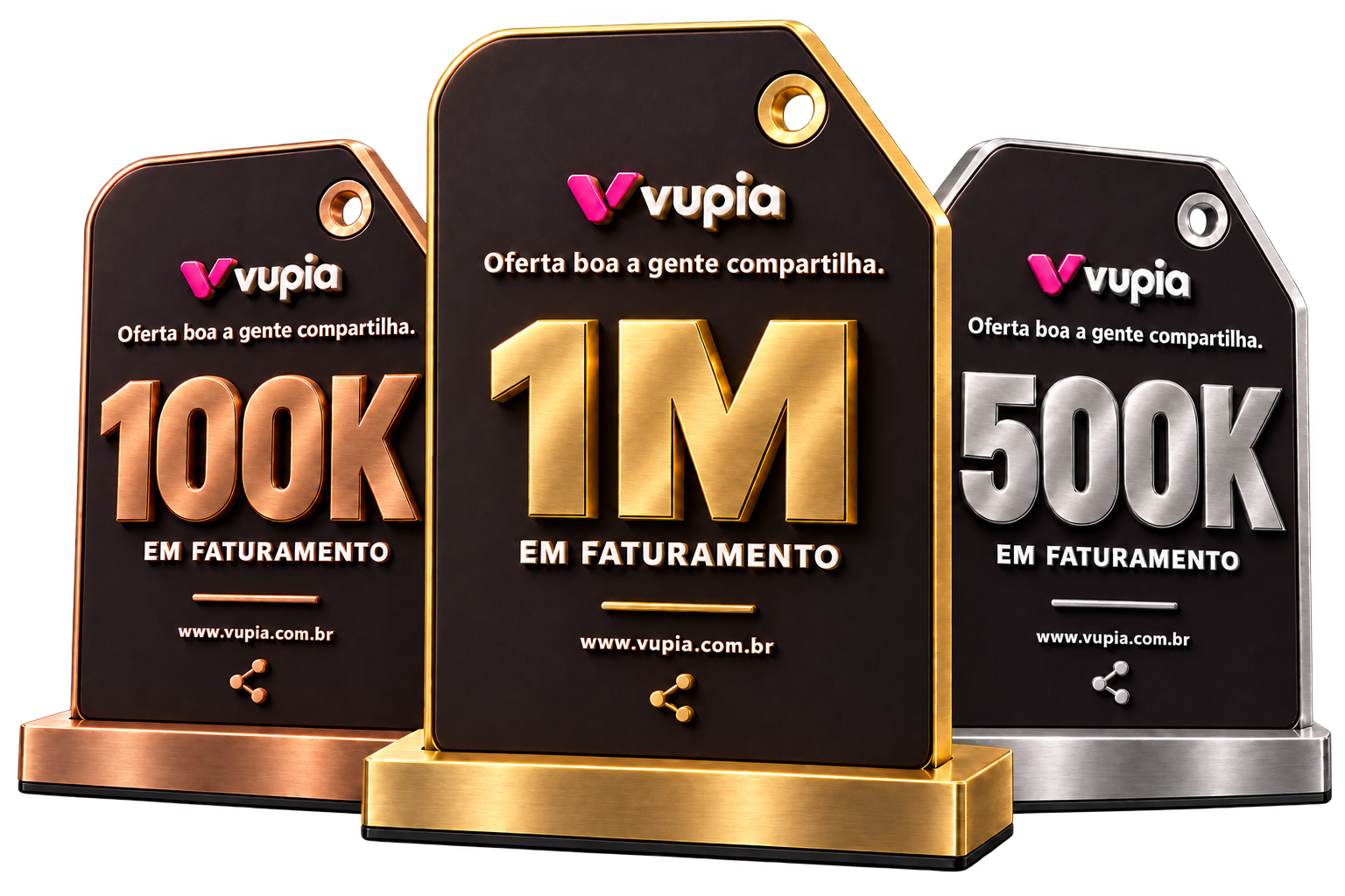 Placas de reconhecimento Vupia: 100K em bronze, 1M em ouro e 500K em prata